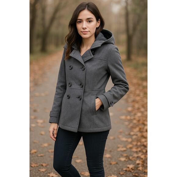 Vans Gray Hooded Wool Blend Peacoat | Women’s Medium Toggle Back Detail - Picture 1 of 12